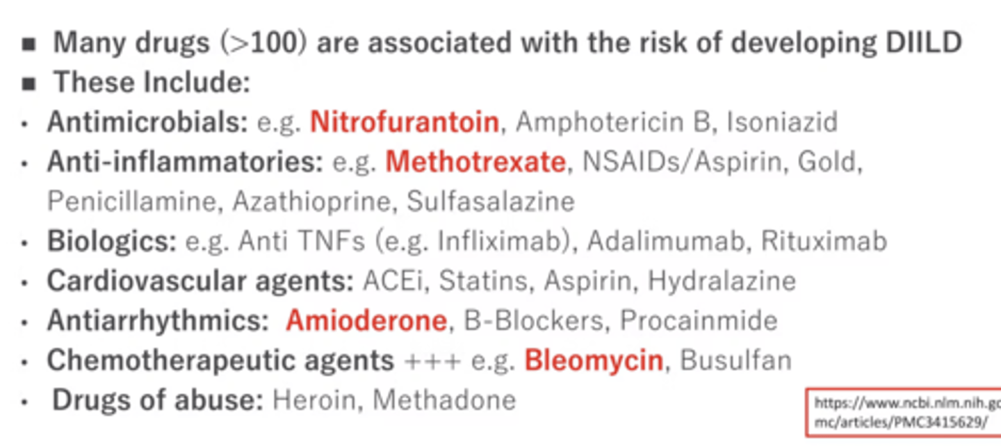 <p>a lot but commonly:</p><p>1. nitrofurantoin</p><p>2. methotrexate</p><p>3. amiodarone</p><p>4. bleomycin</p>