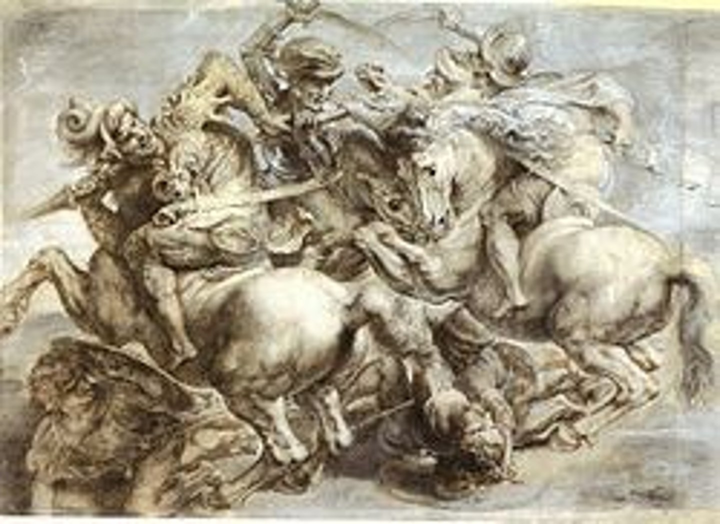 <p>Hall in Palazzo dei Priori (Palazzo Vecchio), Florence</p><p>The town hall/civic center of republican florence</p><p>They wanted two frescoes of battles to be depicted where Florence was the victor</p><p>They hire Leonardo and Michelangelo</p><p>Leonardo da Vinci, Battle of Anghiari, c. 1504-1505 (destroyed)</p><p>The horse kicks of dust and creates atmospheric perspective</p>