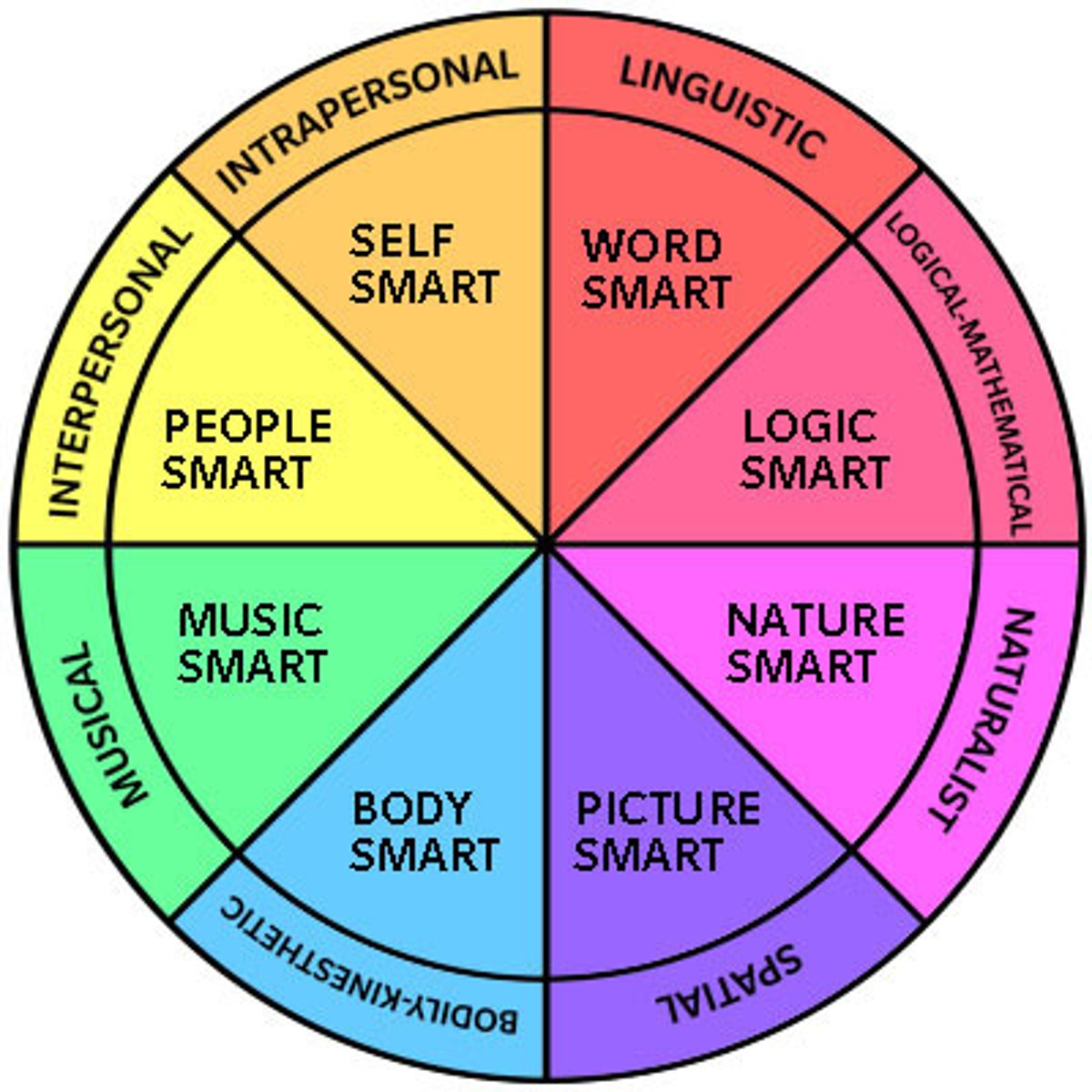 <p>Believed that there are multiple different intelligences (8 Intelligences)</p><p>1) Linguistic: using language to present ideas</p><p>2) Logical: reasoning logical thinking</p><p>3) Spatial/Visual: interpreting visual images</p><p>4) Kinetic/Body: feeling expressing physically (hands on work)</p><p>5) Musical:</p><p>6) Intrapersonal: understanding yourself</p><p>7) Interpersonal: understanding others</p><p>8) Naturalist: understanding nature</p>