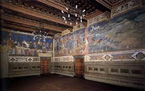 <p>Ambrogio Lorenzetti<br>Allegory of Good Government<br>Palazzo Pubblico, Siena<br>1338<br>Fresco</p>