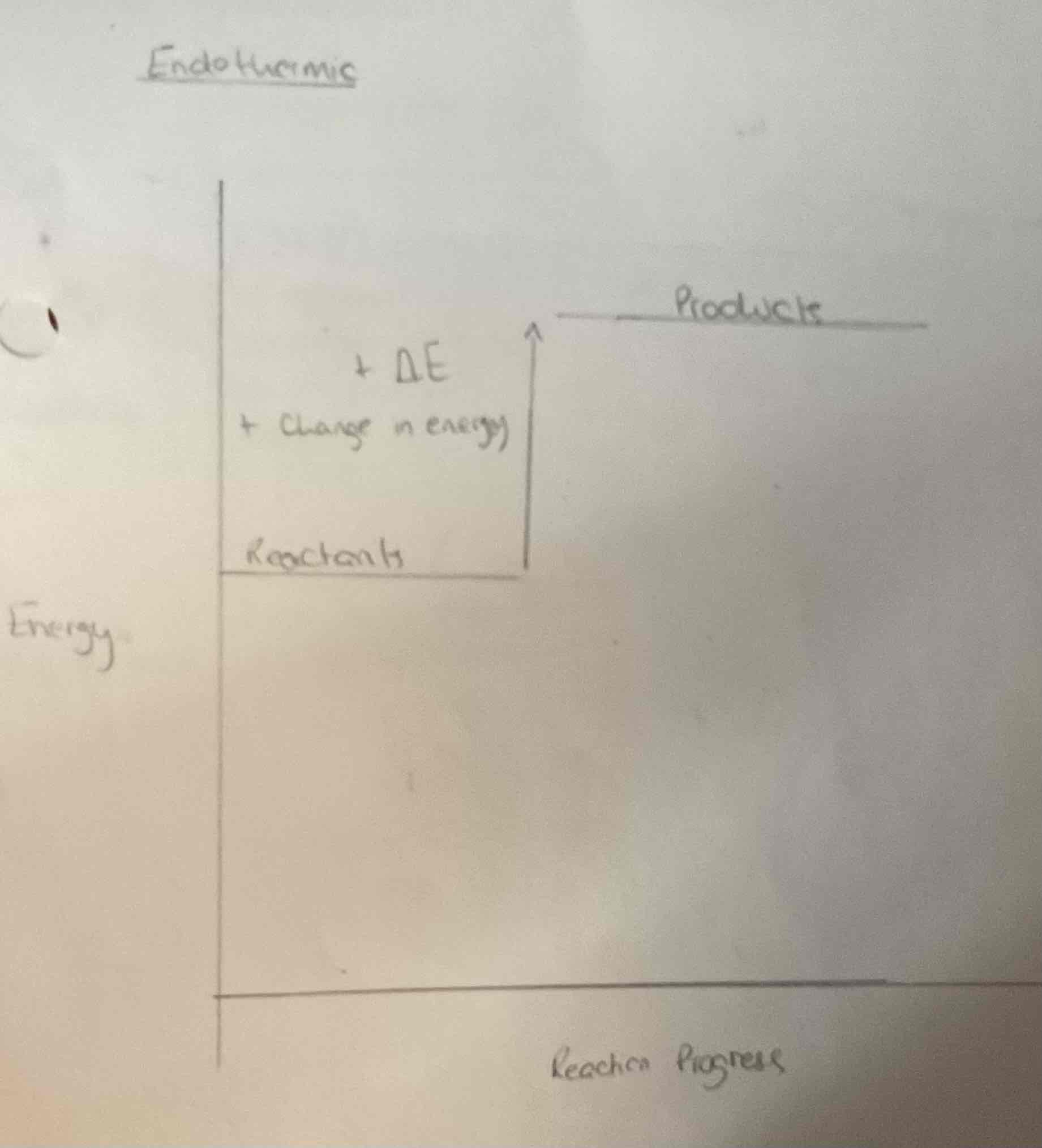 <ul><li><p>Reactants have less energy</p></li><li><p>Positive change in energy</p></li><li><p>Temperature in the environment decreases</p></li></ul>