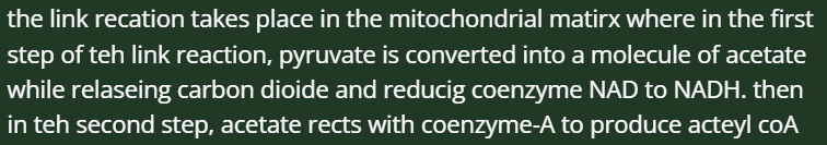 <p><span><span>The link reaction takes place in the matrix of the mitochondria.</span></span></p><p><span><span> In the first step of the link reaction, pyruvate is converted to a molecule called acetate as a carbon is lost in the form of carbon dioxide. </span></span></p><p><span><span>A hydrogen atom is also lost from pyruvate, which is transferred to a molecule of NAD, a coenzyme, to produce reduced NAD, called NADH.</span></span></p><p><span><span> In the second step of the link reaction, a molecule called coenzyme A is added, which converts acetate into a new molecule called acetyl-CoA.</span></span></p>