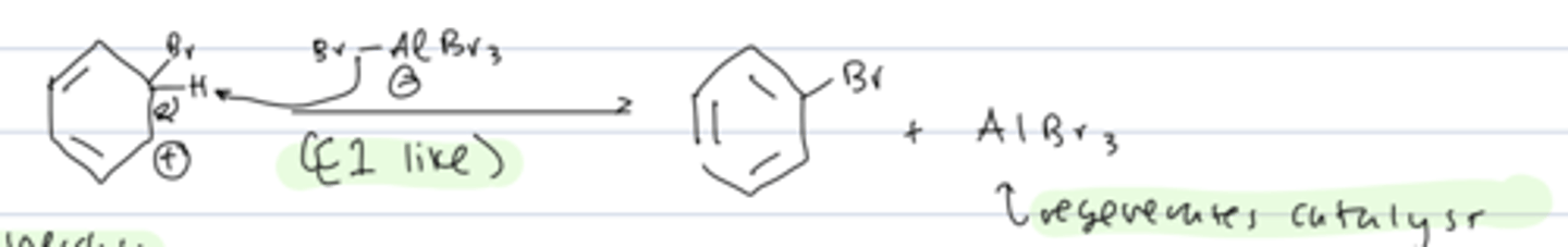 <p>rearomatization</p><p>- the arenium ion undergoes an E1 like process in which AlBr₄ acts as a base and deprotonates it, with the bond to H transferred to the cation</p><p>- regenerates the catalyst and completes substitution</p>