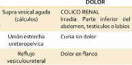 <p>Varia en funcion de locallizcion y grado: 	Dolor es frecuente  distension de vejiga o sistema colector 	Hiperazoemia 	Anuria 	Nicturia o poliuria 	IVU recurrentes 	Colico renal por calculos</p>