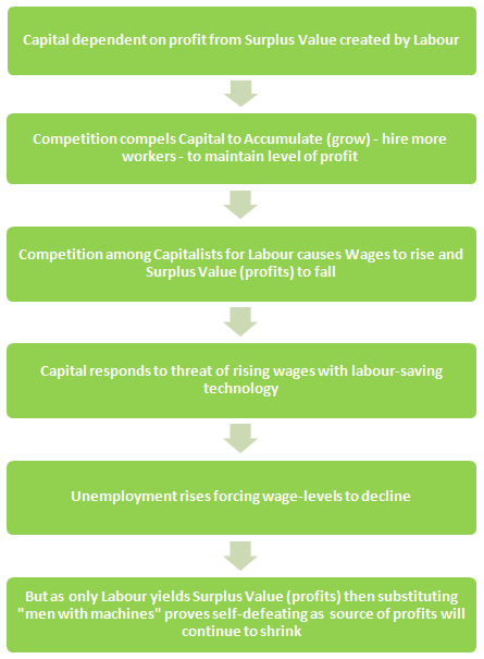 
1. Labour creates capital and surplus valye 
2. competition causes growth in capital and more workers are needed 
3. competition for labour - wages rise, surplus value falls 
4. rising wages lead to labour saving technology 
5. umeployment rises and wages fall 
6. since only labour yeilds surplus value, subsituting men with machines does not stop profits from falling 