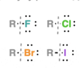<p>R bonded with F, Cl, Br, I</p>