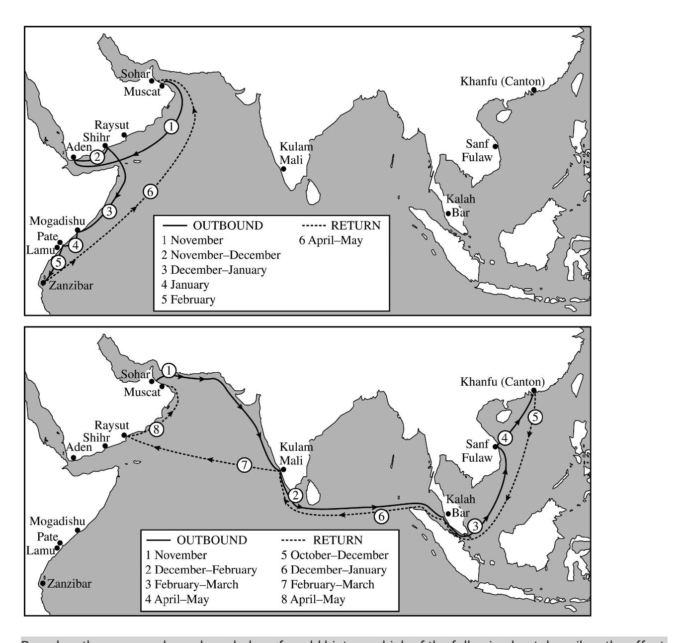<p>Which of the following factors contributed the most to Omani traders’ ability to undertake the voyages depicted on the maps?</p>