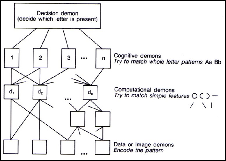 <p>IMPORTANT FOR MIDTERM</p><p>Pattern recognition → feature recognition</p><p>_________________ - <span><strong>NOT a connectionist model . On exams will be asked to explain connectionism– do NOT use this as an example</strong></span></p><ul><li><p style="text-align: left"><span><strong>Data/image demons</strong>: taking IN the info</span></p></li><li><p style="text-align: left"><span><strong>Computational demons: </strong>Different patterns have different combinations or overlapping combos – the “demons” yell out, “hey I have a match!”</span></p></li><li><p style="text-align: left"><span><strong>Cognitive demons:</strong> looking for EXACT matches in the full pattern- the “loudest” one is the one who has the closest match</span></p></li></ul><p></p>