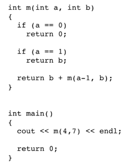 <p>(10 points) What does the following program print. You will not get any points if you don't show the steps of the calculation. Be very methodical, it is easy to make a mistake.</p>
