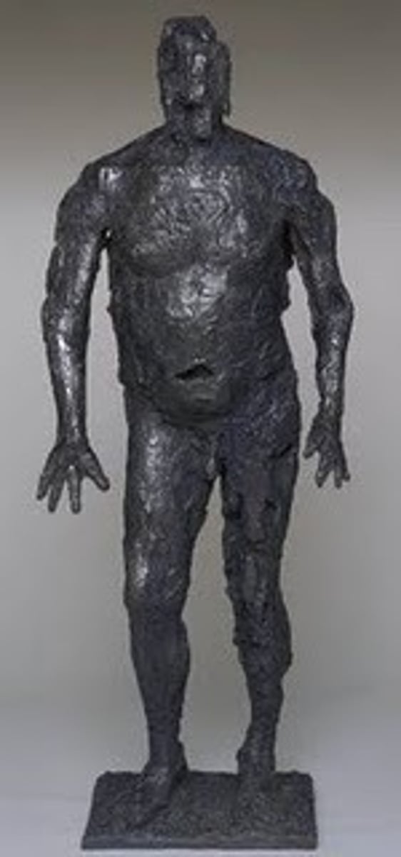 <p>A large bronze sculpture by Germaine Richier of a naked male figure presented on a thin rectangular base. The man has a broad physique, with a large belly and a wide, deep navel.</p>