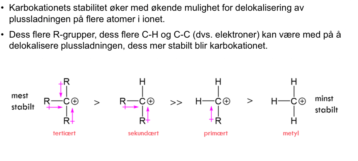 <p>Stabilitet av karbokationet – mer substituerte karbokationer er mer stabile.</p>