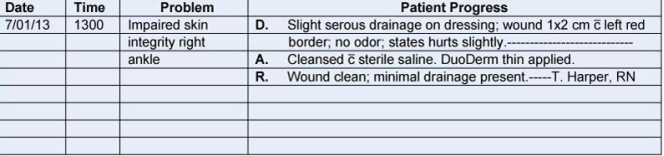 <p>directed at nursing diagnosis, patient problem, concern, sign, symptom, or event</p><p> Three components:</p><p> D: data, A: action, R: response (DAR)</p><p> D: data, A: action, E: evaluation</p><p>(DAE)</p>