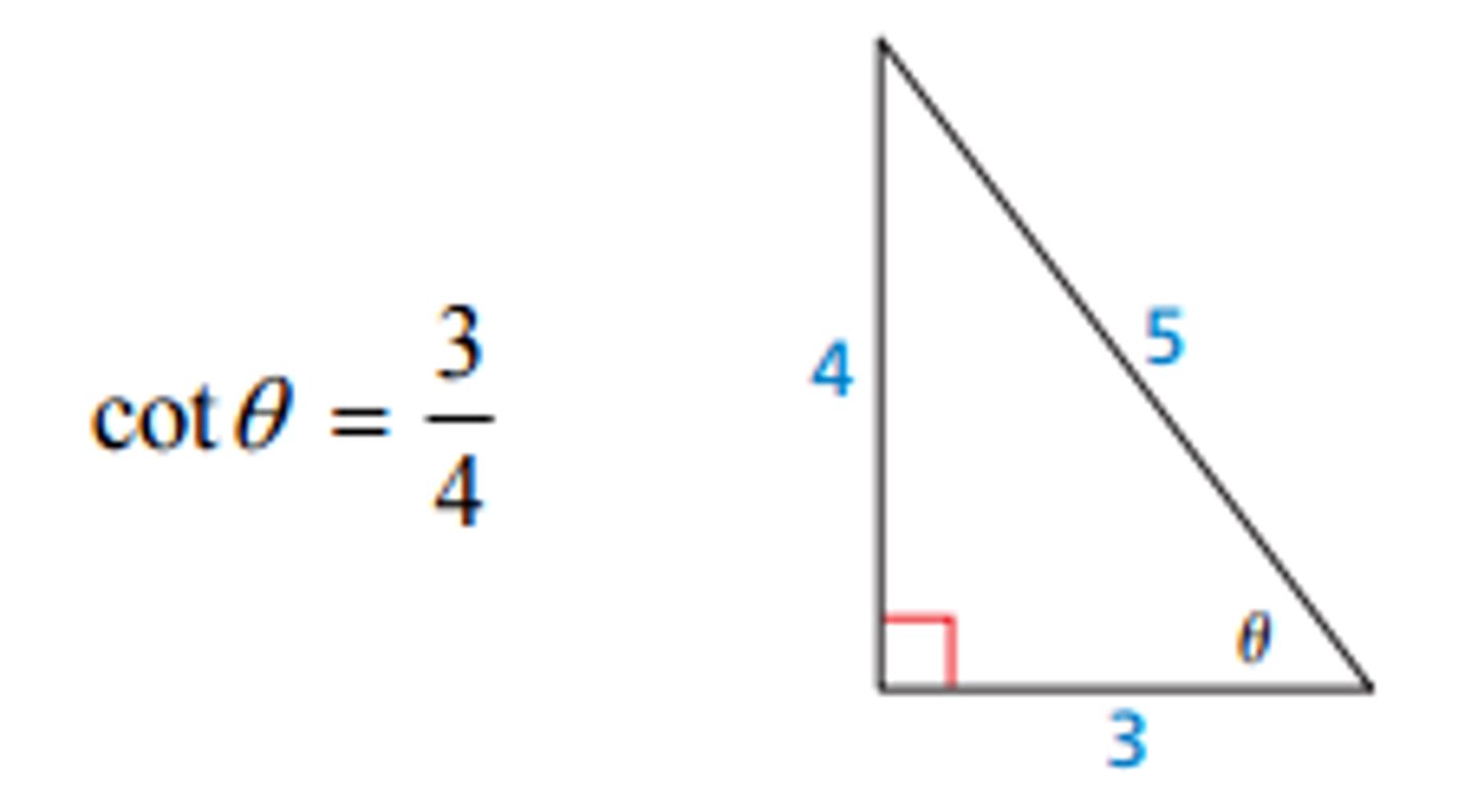 <p>A trigonometric funtion for an acute angle θ of a right triangle, denoted by cotθ= adjacent/opposite</p>
