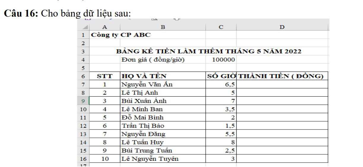 <p>a. Em sẽ dùng công thức nào trong ô D8 để tính tiền làm thêm cho người thứ hai trong bảng ?</p><p>b. Nếu sao chép công thức ở ô D8 sang ô D9 thì công thức ở ô D9 là gì ? Em có sử dụng địa chỉ tuyệt đối trong công thức không ?</p><p>c. Em sẽ dùng công thức nào trong ô D7 để tính tiền làm thêm cho người thứ nhất trong bảng ?</p><p>d. Nếu sao chép công thức ở ô D7 sang ô D8 thì công thức ở ô D8 là gì ? Em có sử dụng địa chỉ tuyệt đối trong công thức không ?</p>
