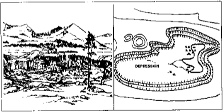 <p>A low point in the ground or sinkhole. They are represented by close contour lines that have tick marks pointing toward low ground.</p>