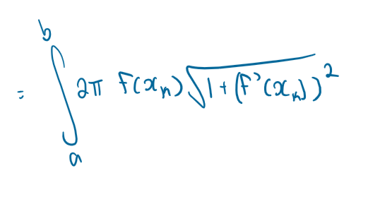 <p>somehow forgot the dx at the end when i wrote this but basically arc length formula times 2pi*f(x) which is basically the SA of a cylinder for each subinterval - 2pi*rh, where r is f(x) and h is the arclength. also consider that you can use this for VOLUME of solids rotating around an axis if you just squared f(x) to have pir² times the arclength for each subinterval</p>
