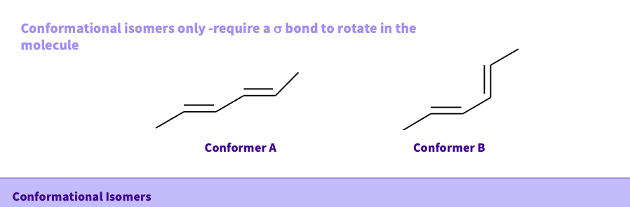 <ul><li><p>they <strong><u>only require a sigma bond to rotate</u></strong> in the molecule </p></li></ul><p>NOTE-  stereoisomers - are configurational isomers ( a bond has to  be broken for the molecules to interconvert </p><p></p>