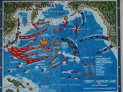 <p>Turning point of the Pacific War (June 1942). U.S. codebreaking enabled a surprise attack that destroyed four Japanese carriers, shifting strategic initiative to the Allies.</p>