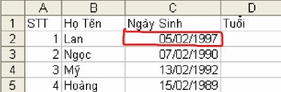 <p><strong>Trong Excel, với bảng dữ liệu theo hình vẽ để tính Tuổi cho sinh viên, ta sử dụng công thức nào sau đây?</strong></p><p>A. =YEAR(TODAY()) - YEAR(C2)</p><p>B. =YEAR(2011) - YEAR(C2)</p><p>C. =YEAR(C2) - YEAR(TODAY())</p><p>D. =YEAR(TODAY) - YEAR(C2)</p>