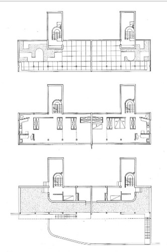Weissenhof-Siedlung Estate, collection of prototypes 
for affordable housing (1927)
 LC’s projects embody his 5 points for a new architecture
 A key innovation of the building was the transformable open living 
space that could be subdivided into multiple sleeping compartments 
with sliding partitions; similarly, beds would slide out of large built-in 
closets.
