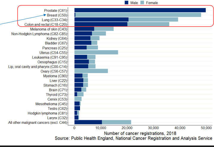 <ul><li><p>approx 385,000 new cases of cancer in the UK per year</p></li><li><p>1 person every 2 minutes</p></li><li><p>nearly half diagnosed at stage 3 or 4 (metastasized)</p></li><li><p>breast, prostate, lung, bowel most common - make up nearly half of cancers in Uk</p></li><li><p>men can also have breast cancer!!</p></li></ul><p></p>