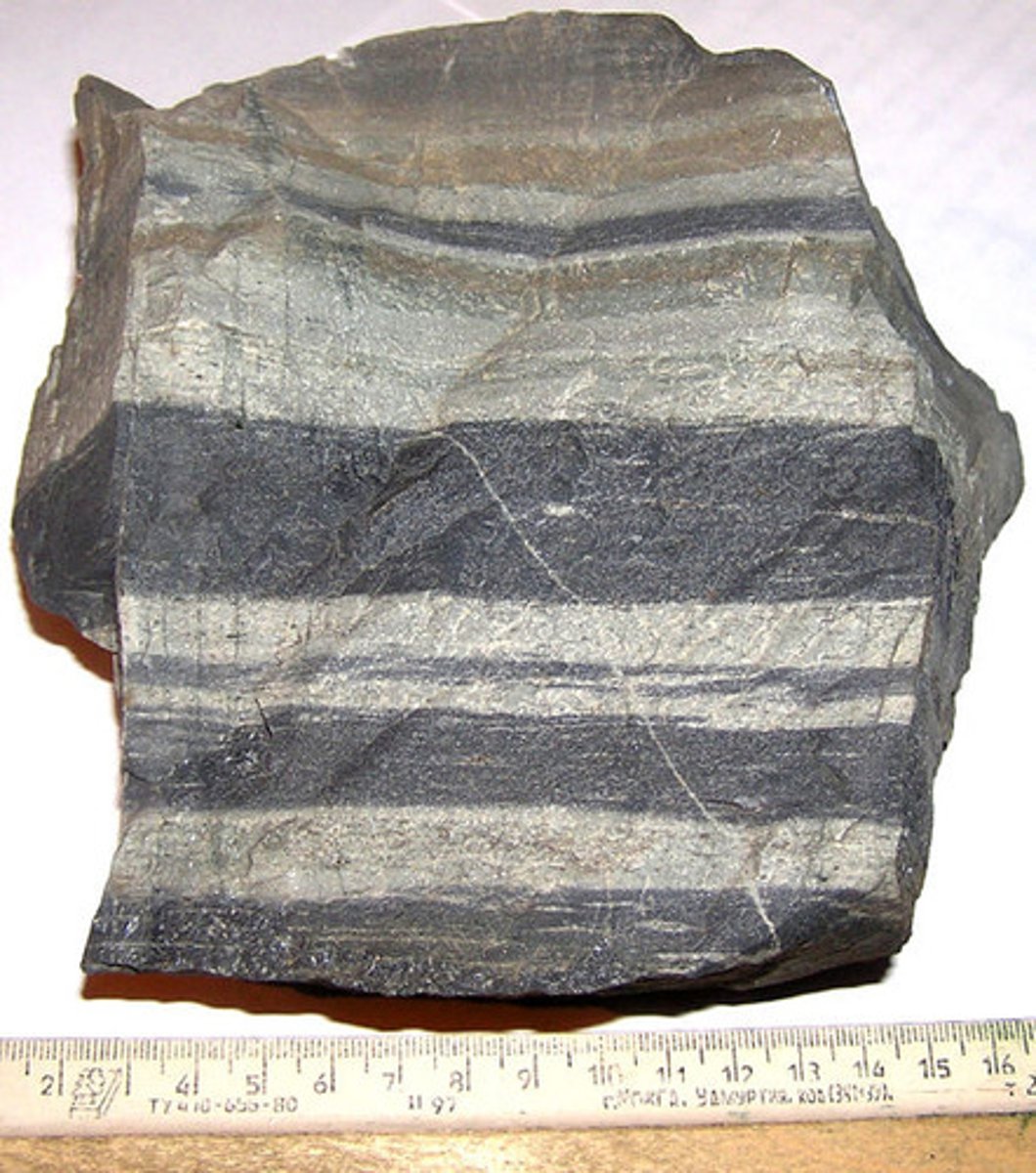 <p>Term used to describe metamorphic rocks whose grains are arranged in parallel layers or bands.</p>