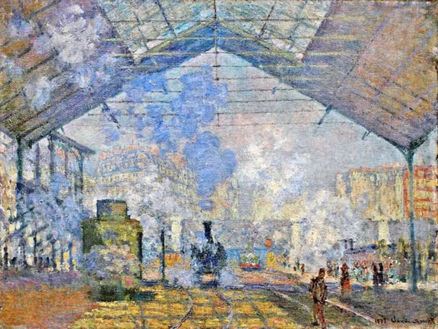 <ul><li><p><strong>ID:</strong> Claude Monet, 1877 CE, Oil on canvas, France</p></li><li><p><strong>Content:</strong> A bustling train station enveloped in steam and light.</p></li><li><p><strong>Function:</strong> Captures modernity and movement, emphasizing light over detail.</p></li><li><p><strong>Context:</strong> Part of Impressionism, which focused on everyday life and fleeting moments.</p></li><li><p><strong>Form:</strong> Loose brushstrokes, bright and atmospheric color palette.</p></li></ul><p></p>