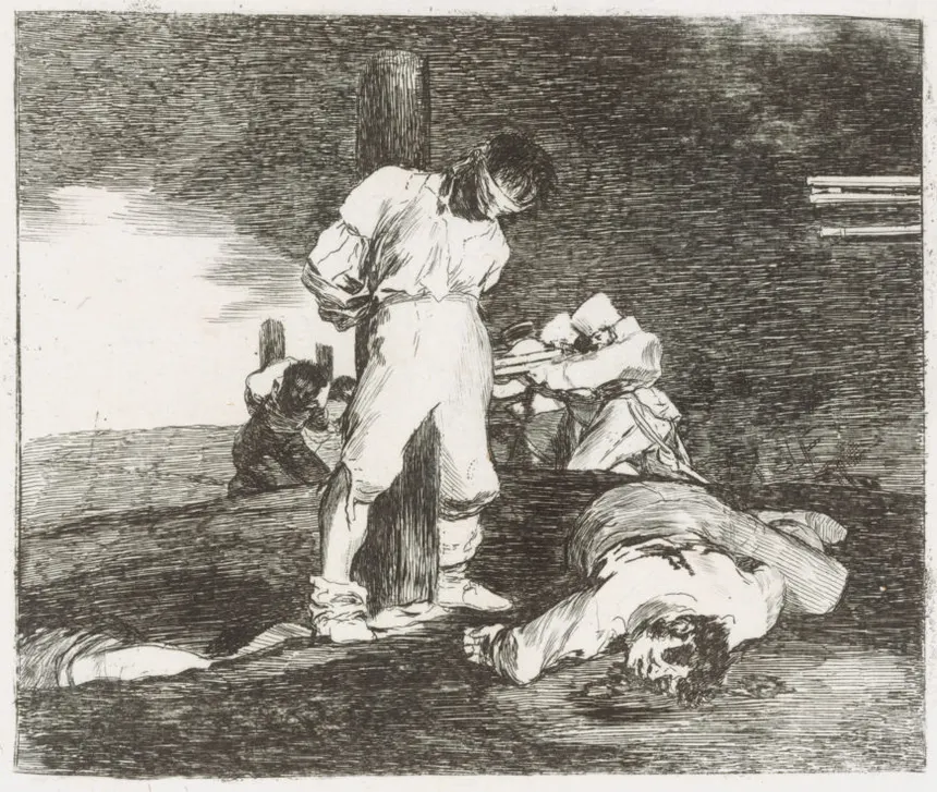 <ul><li><p><strong>ID Info:</strong> Francisco de Goya, 1810-1823, etching, Spain.</p></li><li><p><strong>Content:</strong> A bound man facing execution, with other corpses nearby.</p></li><li><p><strong>Function:</strong> Critiques the horrors of war, particularly the Napoleonic invasion of Spain.</p></li><li><p><strong>Context:</strong> Part of Goya's series "The Disasters of War," depicting the brutality of conflict.</p></li><li><p><strong>Form:</strong> Stark contrast, expressive lines, and dramatic composition.</p></li></ul><p></p>