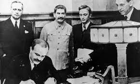 <p>A non-aggression agreement signed between the Soviet Union and Nazi Germany. This shocked the world by dividing Eastern Europe into spheres of influence for the two totalitarian regimes. The secret protocol of the pact outlined the carve-up of countries like Poland, setting the stage for the early stages of World War II.</p>