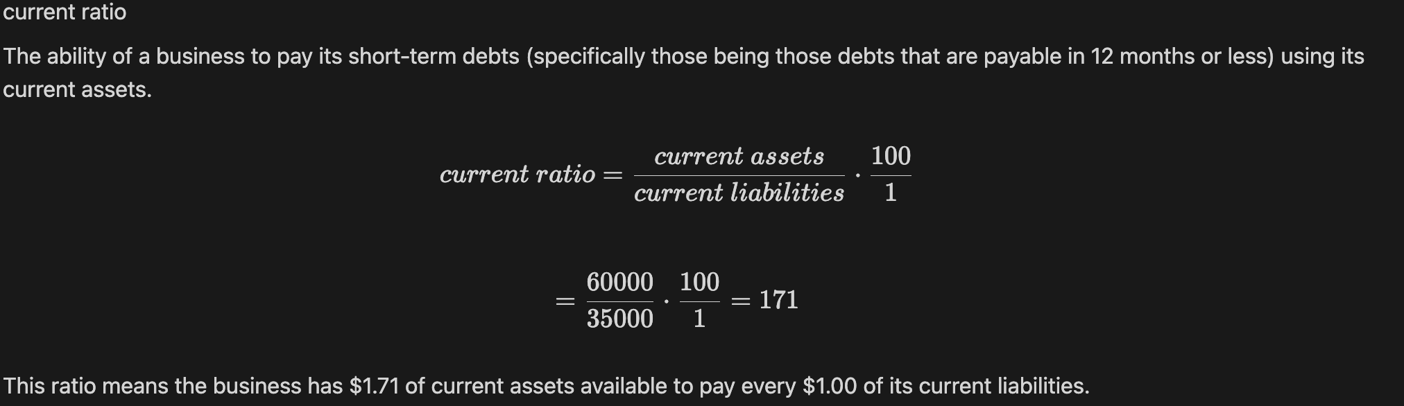 <p>current → how easily assets can be converted into cash, the ability of a business to pay its short-term debts (specifically those being those debts that are payable in 12 months or less) using its current assets.</p>