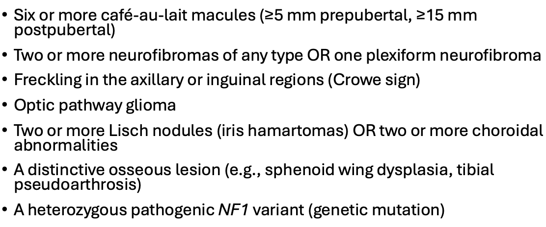 <p>How many features of the diagnostic criteria must be present for a diagnosis of NF1?</p><ul><li><p>cafe au lait macules, neurofibromas, Crowe sign, optic pathway glioma, linch nodules or choroidal abnormalities, distinctive osseous lesion, heterozygous variant</p></li></ul><p></p>