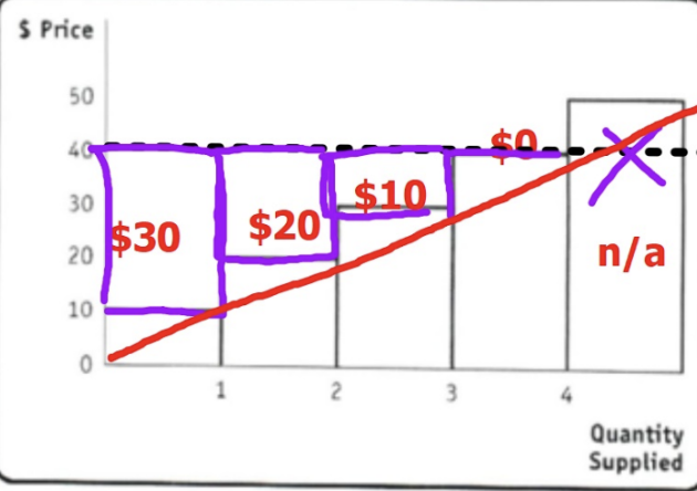 <p>There’s a positive relationship between price and quantity supplied which reflects the Law of Supply. So costs to produce units serve as a supply schedule and a step-wise supply curve can be drawn</p>