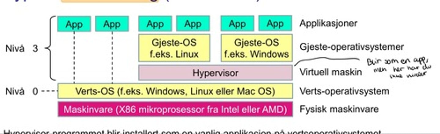 <p>Hypervisor programmet blir installert som en vanlig applikasjon på vertsOS-et.</p><p>Nivå -1 brukes ikke: hypervisoer og gjeste-OS kjører som vanlig applikasjoner på nivå 3.</p><p>Privligerte funksjoner må kalles gjennom vertsOS som forårsaker ekstra forsinkelse som gjør den ineffektiv.</p>