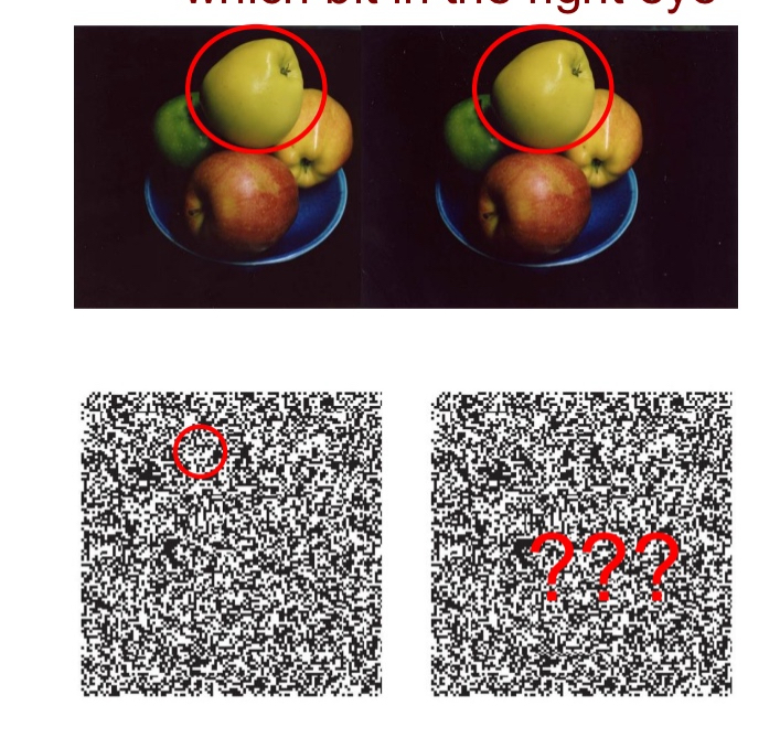 <ul><li><p>Figuring out which bit of the image in the left eye should be matched with which bit in the right eye</p></li><li><p>Correspondence between two apples that actually are the same apple (easy).</p></li><li><p>Correspondence between pixels that are the same (hard!!!).</p></li></ul><p></p>