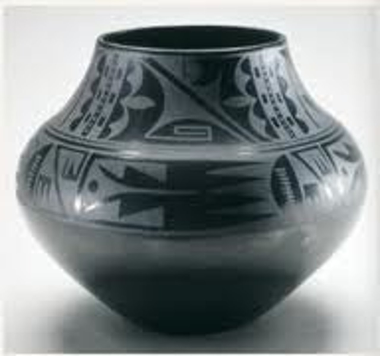 <p>Form- Intricate geometric design. Patterns formed out of negative space. Materials: Pueblo-an pot making= Communal, Everyone does something.<br>Maria sculpted, Julian decorated, No wheel used, coil method. Julien decorates with slip (water and clay) making it black on black. Use red clay, firing turns clay &amp; slip black. <br><br>Function- Special occasions, used for serving and cooking, here Purely decorative. <br><br>Content- Similar to cave paintings in Mesa Verde. Stylized depictions of natural items- Corn, rivers, and feathers. <br><br>Context- Pottery by Ancestral Pueblo-ans for 100,000 + years. Intro. of Railroads (around late 1800s) lead to: Metal pots= available and kill off ceramic for Pueblo-ans, stops usage of traditional pots. Tourists came into New Mexico. this lead to pots no longer being utilitarian, now used for tourism and preserving heritage. <br>Maria &amp; Julian Martinez- Go outside the Pueblos (Worlds Fair) and sell their pottery as Fine Art. More people see them &amp; collect them, adding distance from conteext but spreads it as a technique and piece. Pueblo-ans produce pottery and turqouis for money and hese fine art collectors.</p>