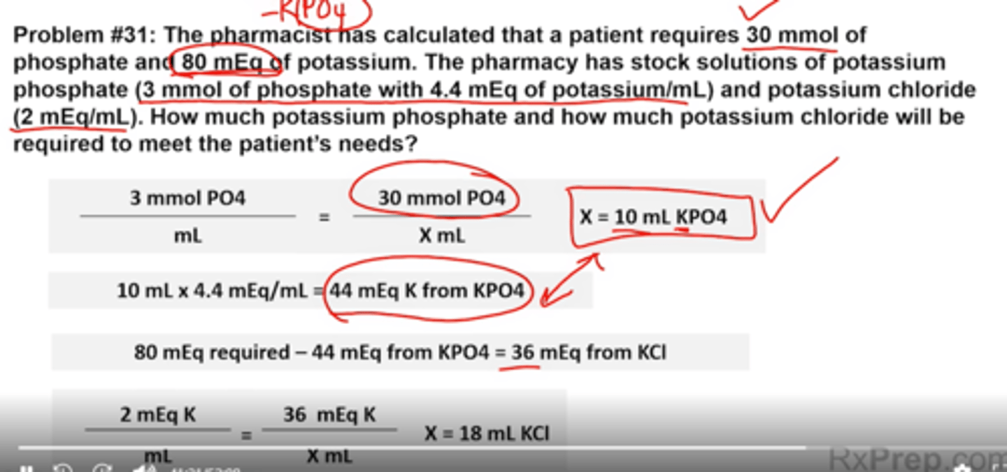 <p>1. First calculate the volume of potassium phosphate required:</p><p>3mmol po4/1ml = 30mmol po4/x ml = 10 ml kpo4</p><p>2. Calculate the amount of potassium the patient will receive from the 10 ML of KPO4</p><p>10ml x 4.4 meq/ml = 44 meq k from kpo4</p><p>3. How much meq of K are still needed from KCl?</p><p>80 mew K total - 44 meq k from kpo4 = 36 meq needed from kcl</p><p>4. Determine how many ML's are needed to obtain 36 MEQ of KCL</p><p>2meq k/1ml = 36meq k/xml = 18 ml needed from kcl</p><p>10 mL potassium phosphate</p><p>18 mL potassium chloride</p>