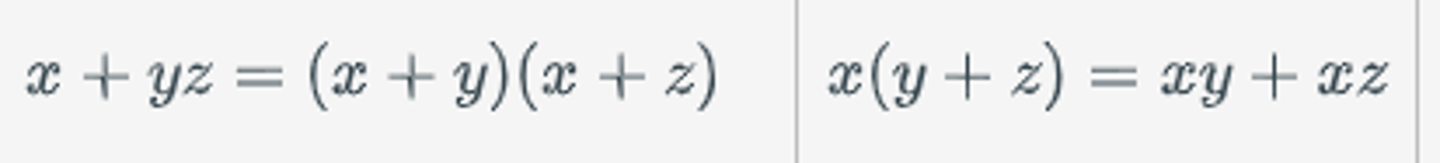 <p>Addition can be distributed to each factor; multiplication can be distributed to each term.</p>