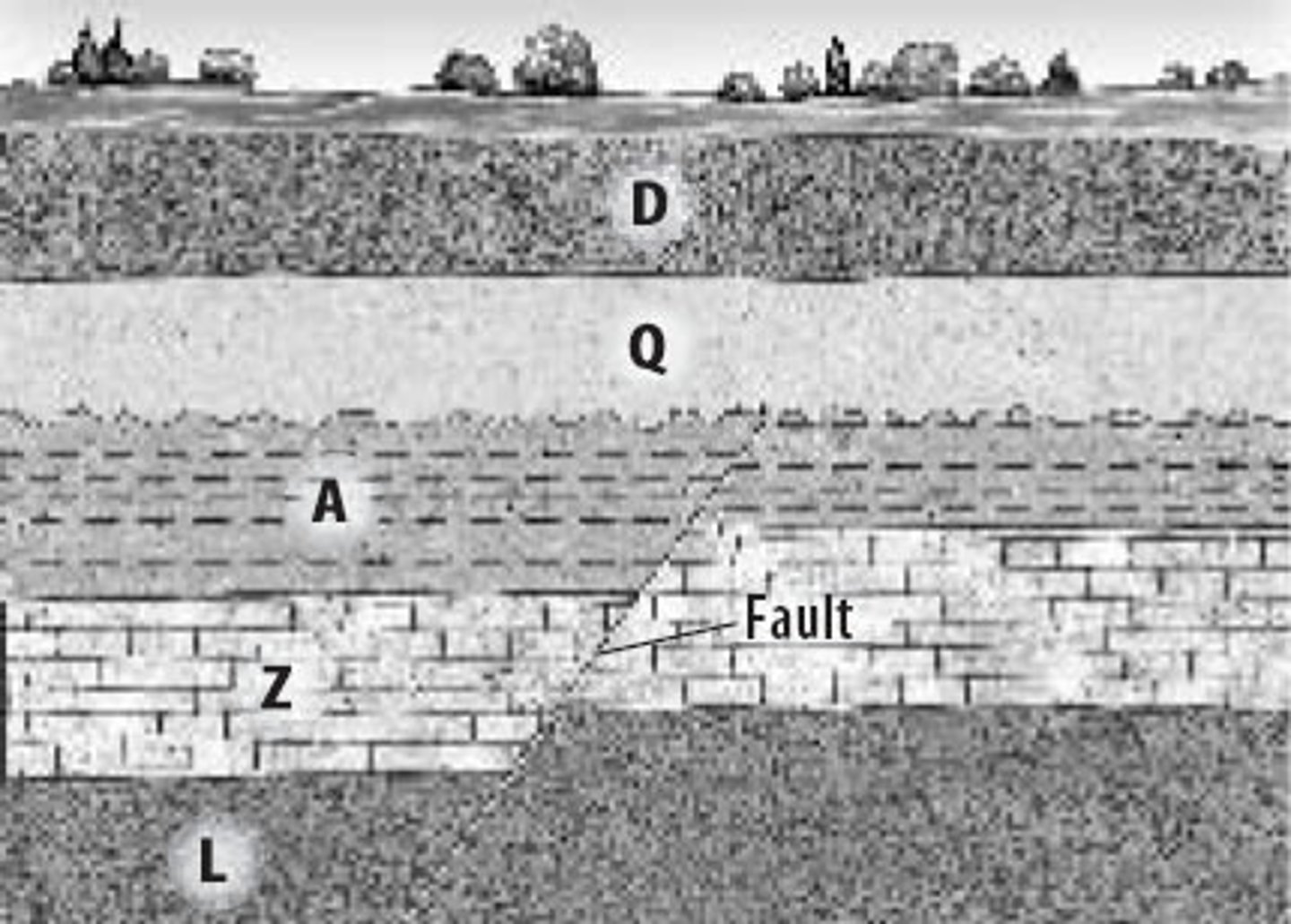 <p>Which answer correctly places the layers of rock in the proper order from oldest to youngest?</p><p>a. D, Q, A, Z, fault, L b. D,Q,A, fault,Z, L</p><p>c. L,Z,fault,A,Q, D d. L,Z,A,fault,Q,D</p>