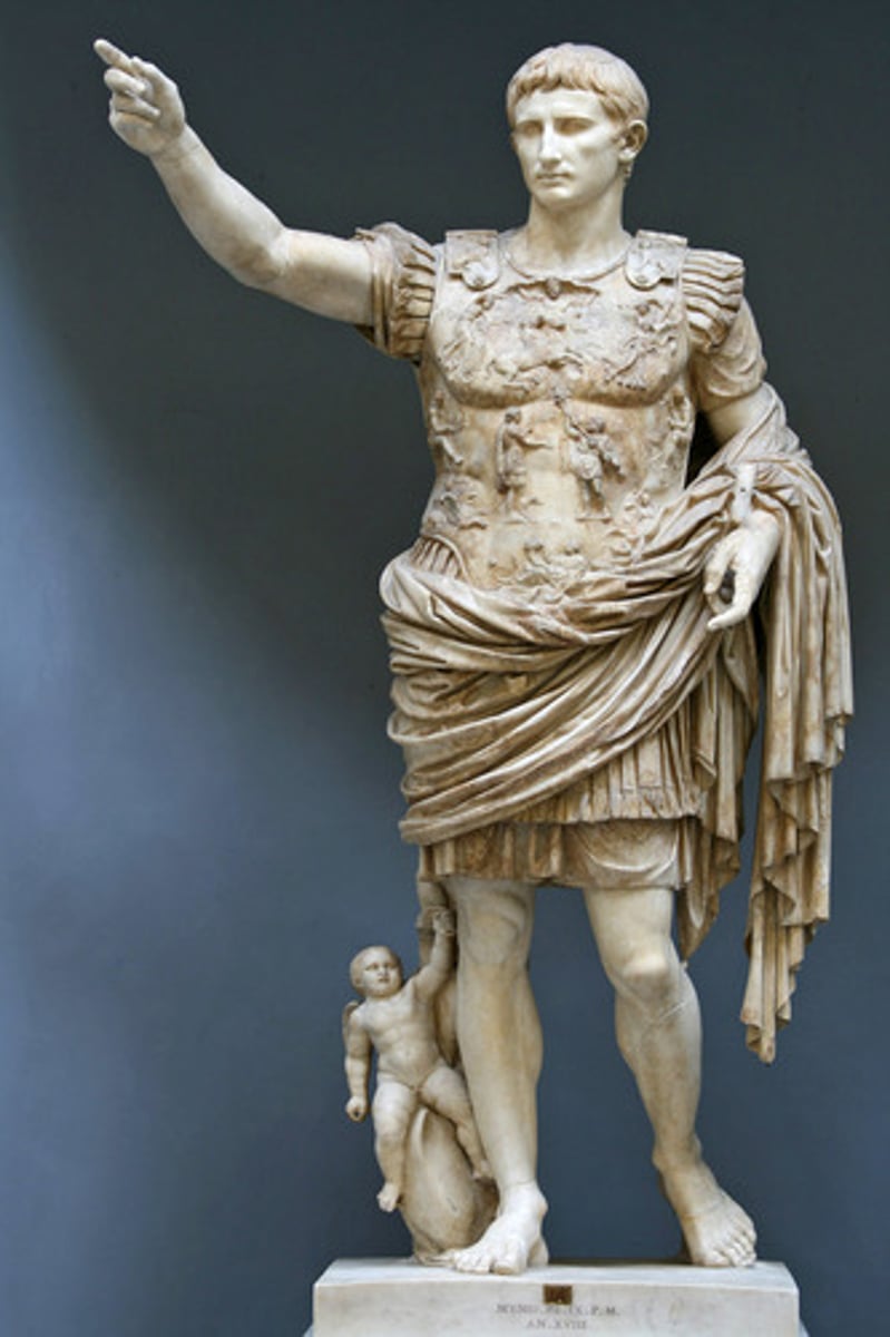 <p>Form:<br>-marble, over life-size<br>-elevated to be more god-like<br>-contrapposto <br>Content:<br>-Augustus barefoot<br>-cupid riding dolphin (shows divinity<br>-breastplate is about the Pax Romana: the power of empire is due to the military<br>Function:<br>-shows Augustus as a god because he thought he was (barefoot and cupid riding dolphin signs of this)<br>-shows him as civic ruler (judge's robe) and warrior (breastplate)<br>Context:<br>-Imperial Rome (early empire) 1st century CE</p>