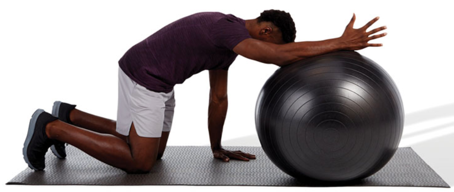 in the quadruped position, put one arm on top of a stability ball and roll forward until a stretch is felt

posteriorly rotate the pelvis, point the thumb up toward the sky, and draw in the abdominals when performing this stretch