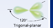 <p><strong>Trigonal planar with a bond angle of 120 degrees. </strong></p>