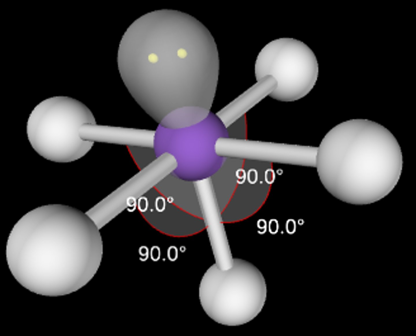 <p>Square pyramidal; <90°; sp3d2</p>