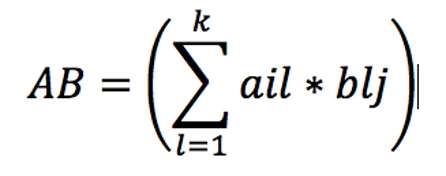<p>mxk matrix A and kxn matrix B is the matrix mxn</p><p>the entry of AB in the ith row and the jth column is the dot product of the ith row of A and the jth column of B.</p>