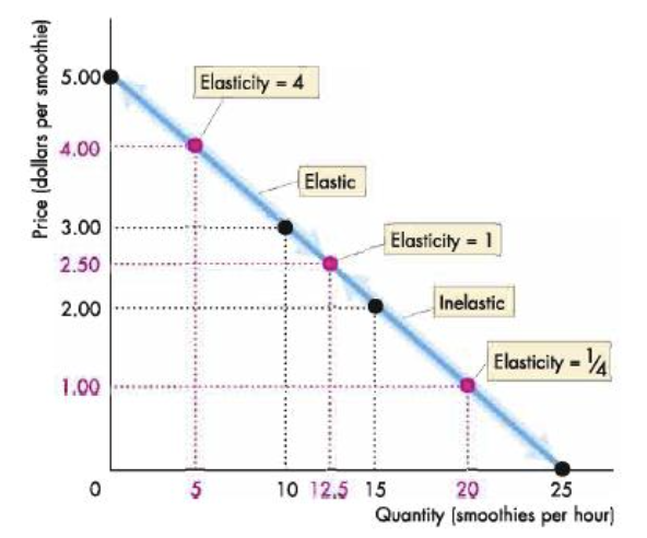 <ul><li><p>there are different PED values on a straight line demand curve.</p></li><li><p>Midway point → PED = 1</p></li><li><p><strong>elasticity decreases as price falls</strong></p></li><li><p>(above elastic below inelastic)</p></li></ul><p></p>