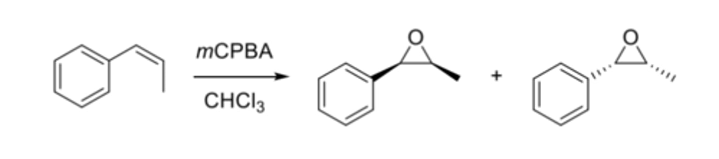 <p>Oxidation: Alkene + Peroxy acid (mCPBA) --&gt; stereospecific epoxide</p>