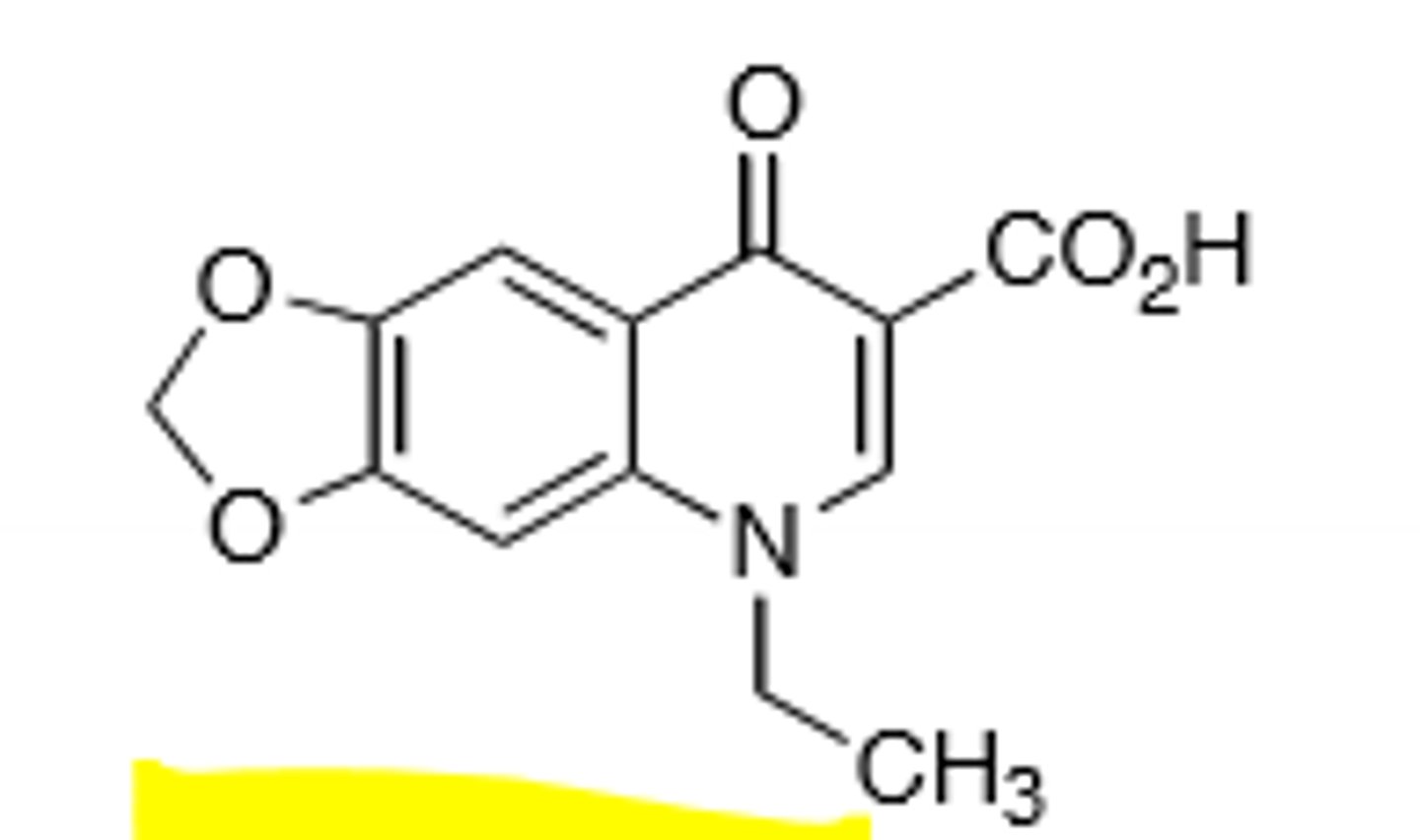 <p>First generation quinolone, activity more against gram (-) bacteria, only useful for treatment of lower urinary tract infections. Rare hallucinations, delirium, and sezirues in patients also taking NSAIDs and theophylline, don't give under the age of 18 due to growing tendons, risk of tendon rupture main resistance is point mutations in A and B subunit of DNA gyrase, leading to decreased binding affinity of quinolones to DNA gyrase.</p>