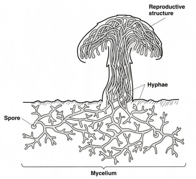 <p>Hyphae:</p><p>-microscopic tubes that allow materials to pass through and into the fungus</p><p>- underground</p><p>- what the fuzz on moldy foods is made up of</p><p>Mycellium:</p><p>- the network of hyphae</p>