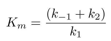 <p>Ratio of rate constants for elementary reaction steps, strength of ES complex formation</p><p>for rapid equilibrium K<sub>m</sub> = K<sub>d</sub> </p>
