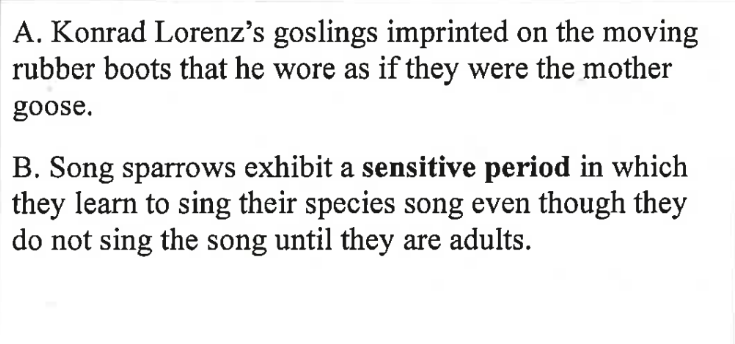<p>innate behavior that will develop when an organism is exposed to a stimulus within a critical or sensitive period of time. </p><p></p><p>requires some level of genetic input/innate ability to imprint or be programmed to the stimulus</p><p></p><p>stimulus/response may be chemical OR visual. depends on the developmental stage of the animal</p>
