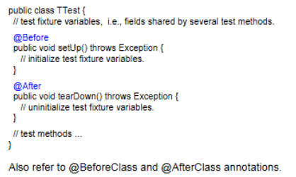 <p>@Before and @After are for initializing the variables in the test fixture</p>